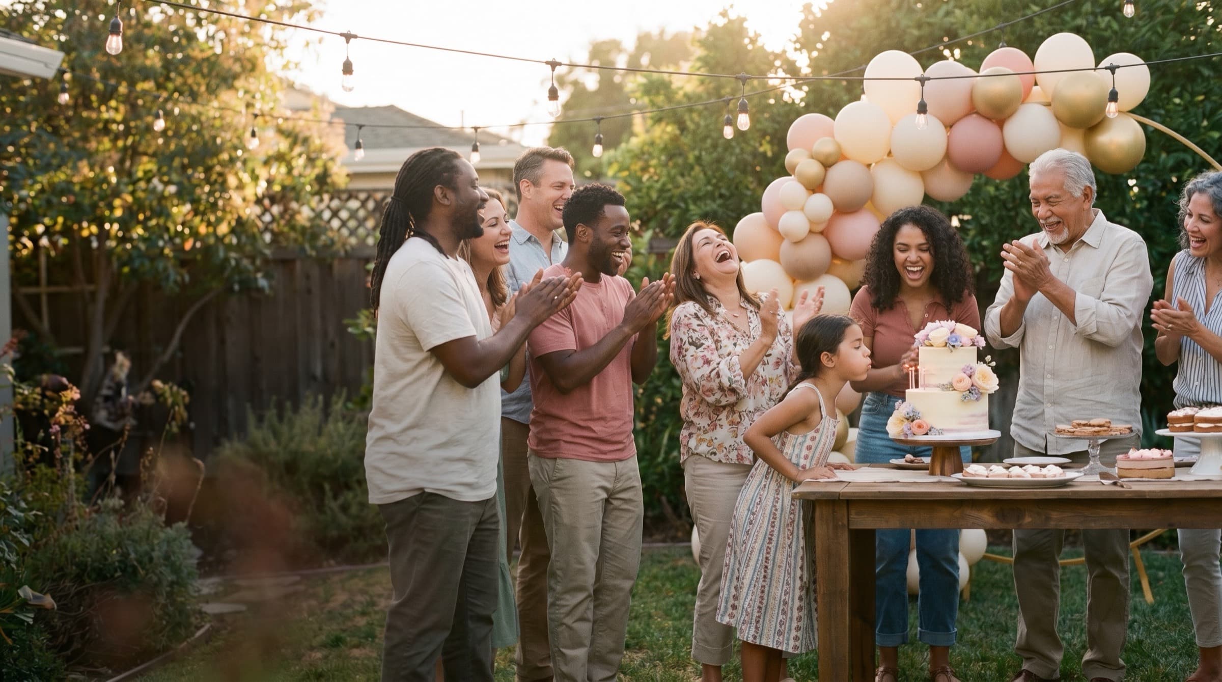Joyful family birthday celebration with balloons and warm golden light